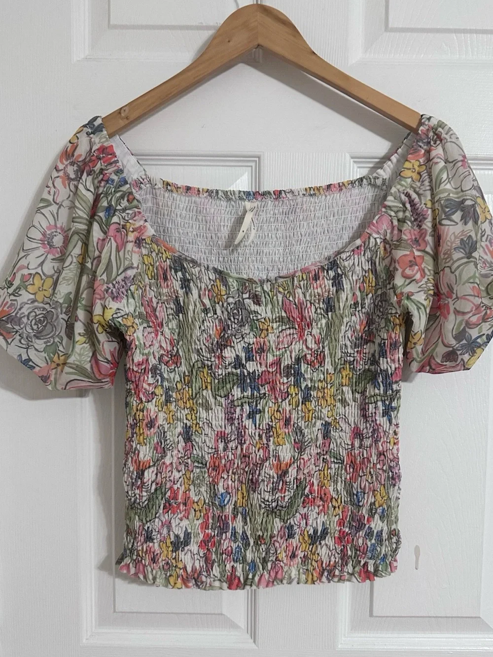 Anthropologie Floral Smocked Puff-Sleeve Top — Multicolor